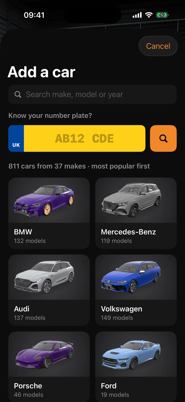 Adding a car by make, model or number plate