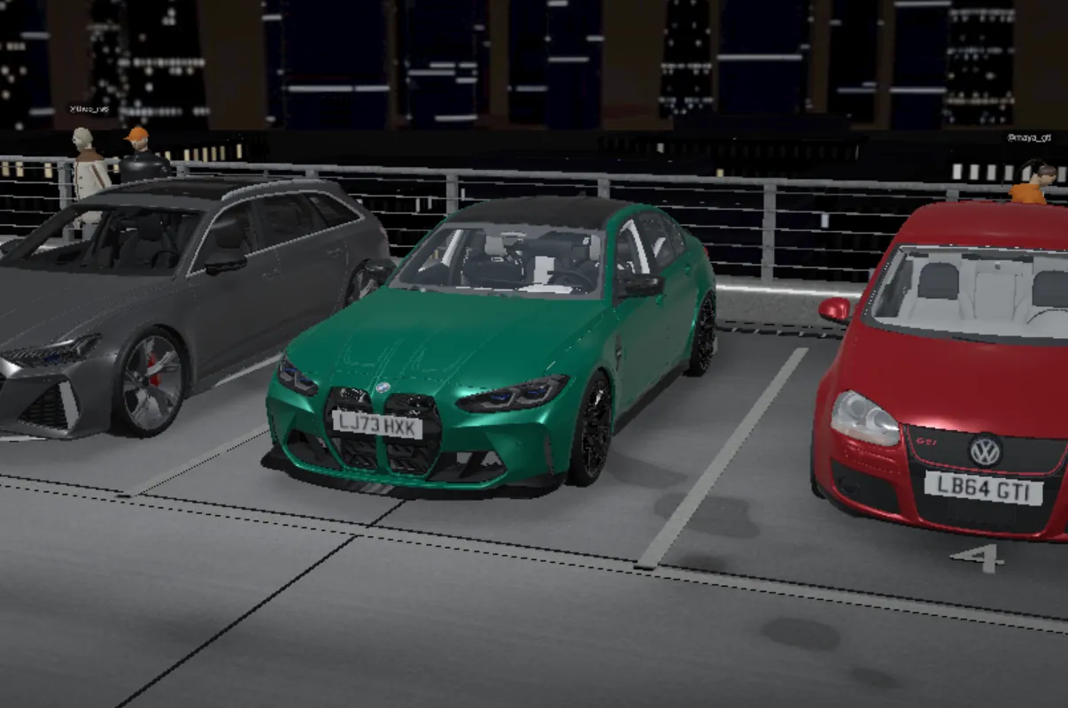 Rooftop garage with three friends’ cars parked side by side
