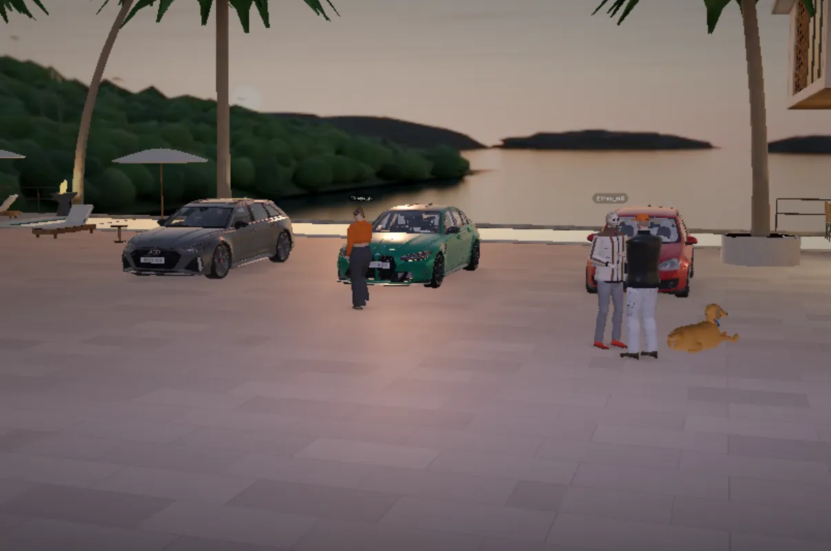 Island villa garage with friends’ characters walking around
